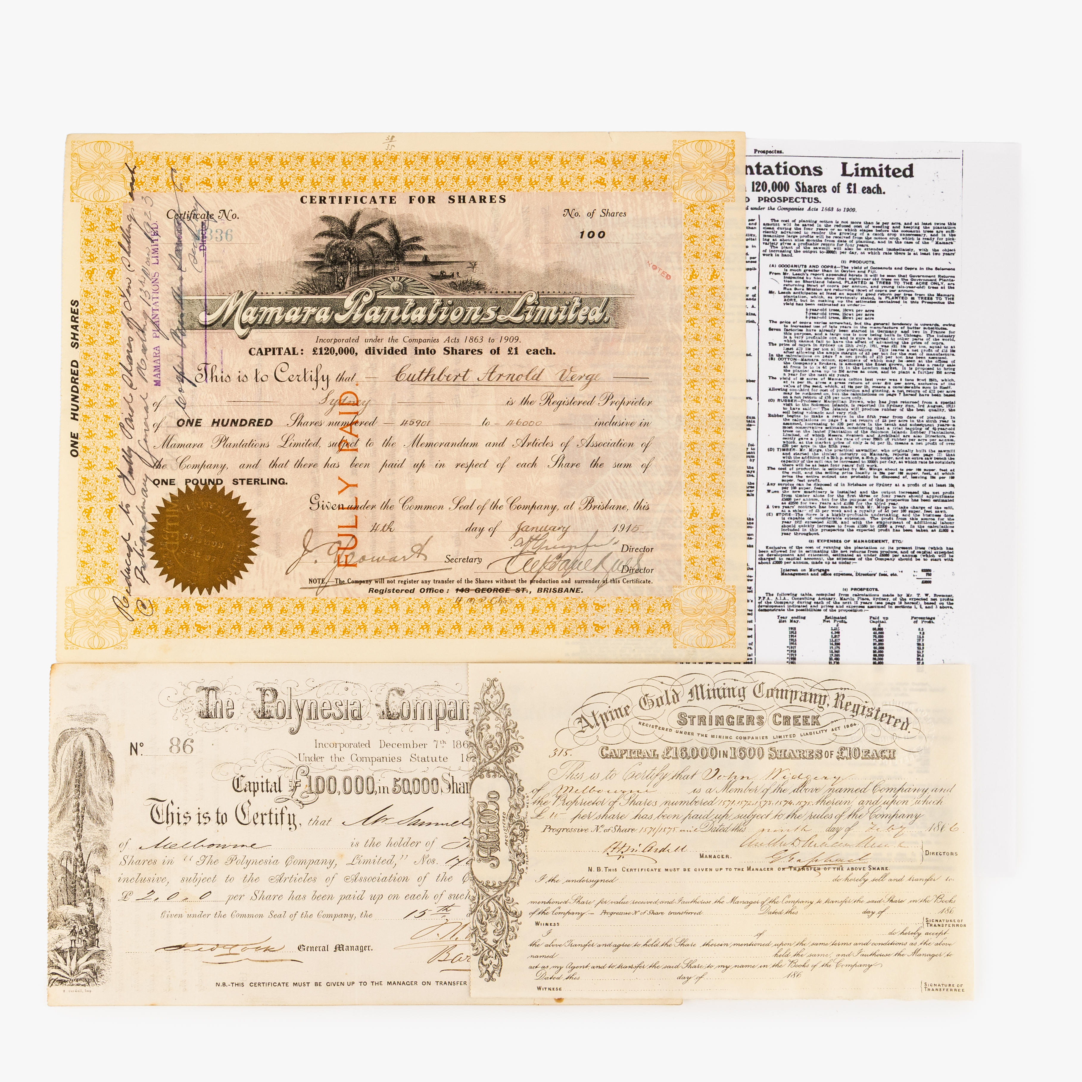 Alpine Gold Mining Co, Mamara Plantations Ltd & The Polynesia Co Ltd, 1866 - 1915, VF - EF