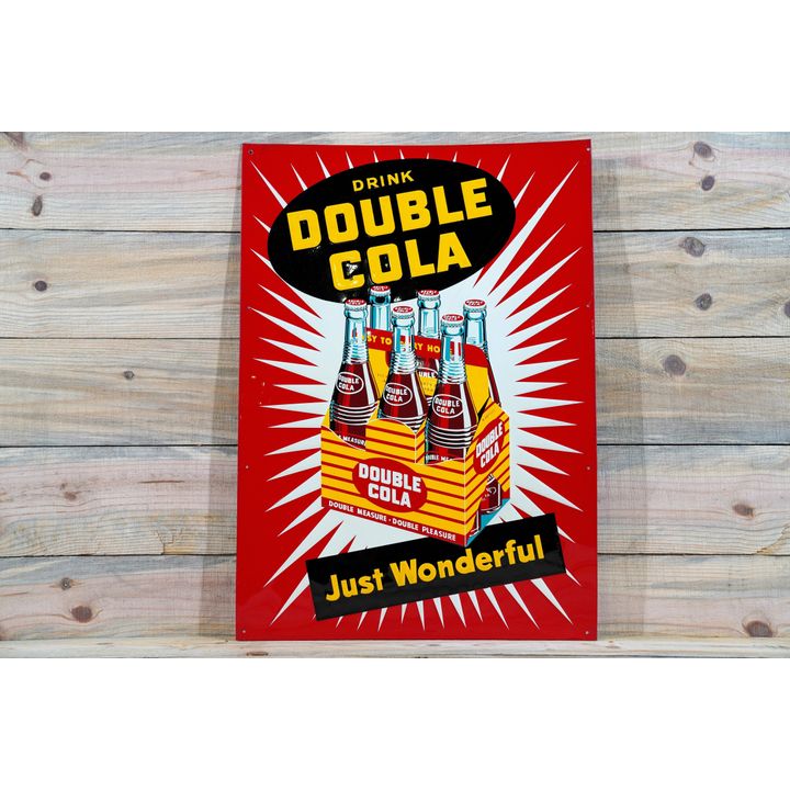 Drink Double Cola "Just Wonderful" w/ Six Pack Single Sided Tin Embossed Metal Sign TAC 8.9