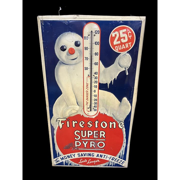 Rare Large Firestone Super Pyro Anti Freeze Tin Metal Thermometer Sign