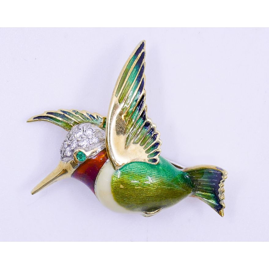 14k Enameled Hummingbird Diamond Brooch 1'' - 7.4 Grams TW