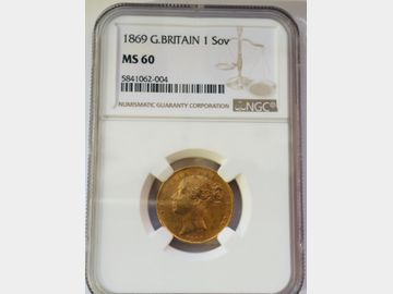 1869 Queen Victoria Young Head London Mint Shield Gold Sovereign NGC MS60