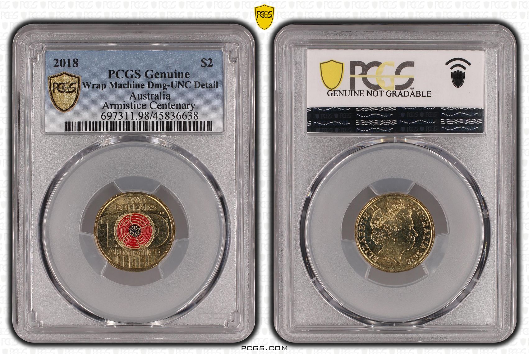 Armistice Centenary Colourised, Two Dollar, 2018, PCGS Genuine - UNC Details (98 - Damage)
