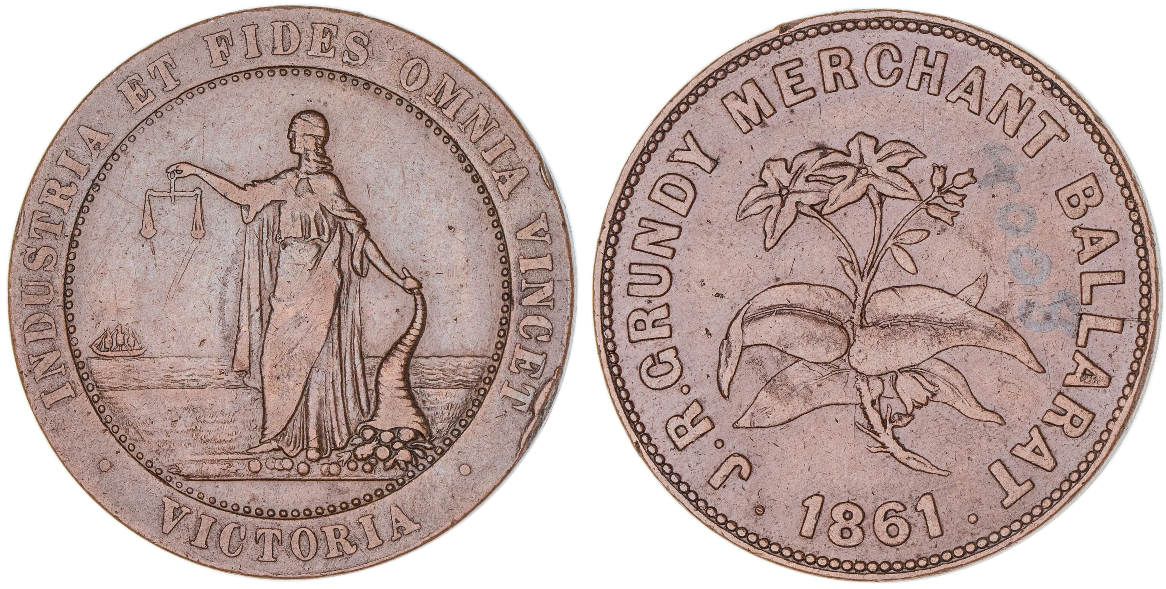 432 · J.R. Grundy, Ballarat, Vic., Penny, 1861, aVF
