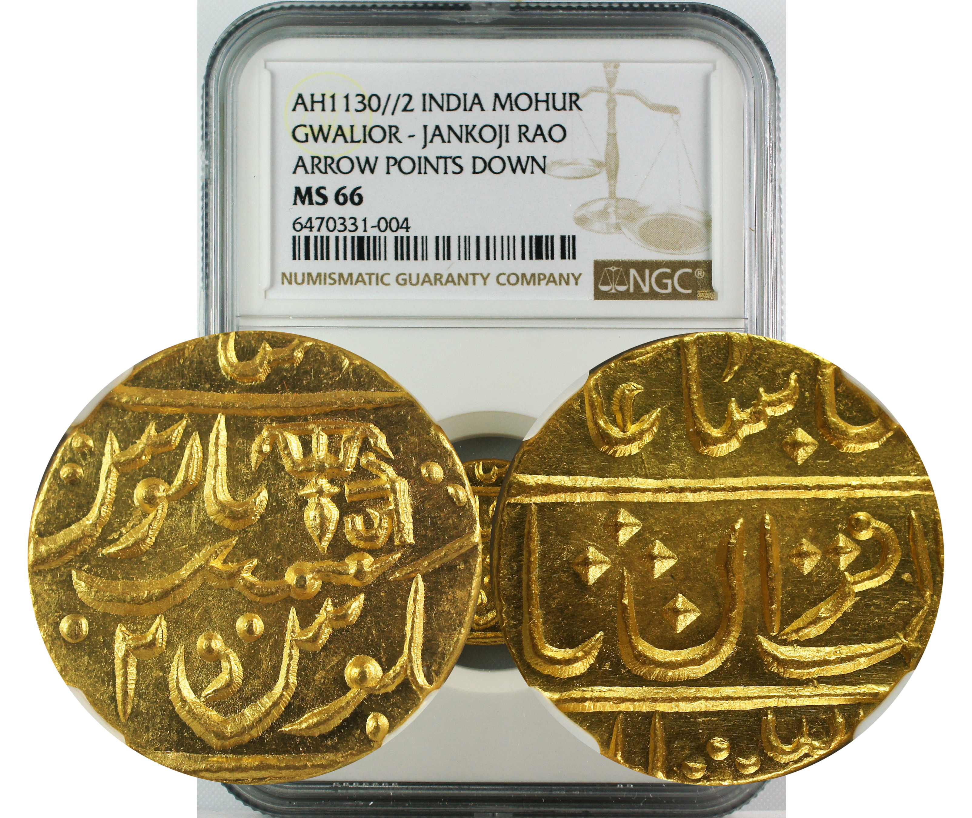 AH 1130//2 INDIA GOLD MOHUR MUGHAL GWALIOR-JANKOJI RAO ARROW POINTS DOWN MS66