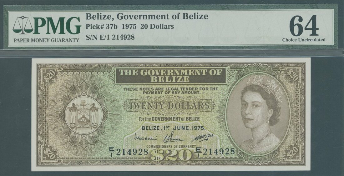 Government of Belize, $20, Belize, 1st June 1975, serial number E/1 ...