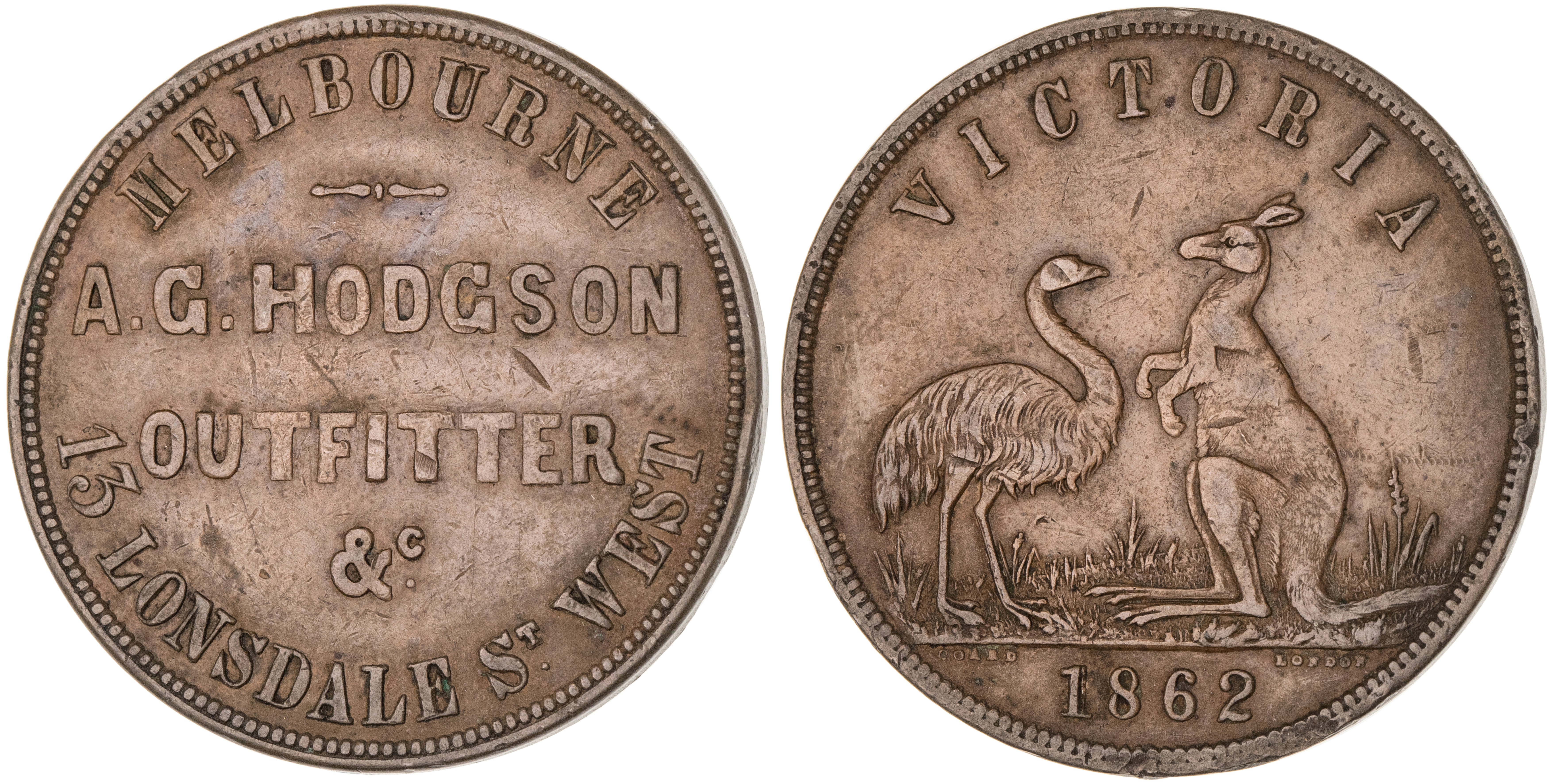 445 · Melbourne, Victoria, A. G. Hodgson, Penny, 1862, gVF