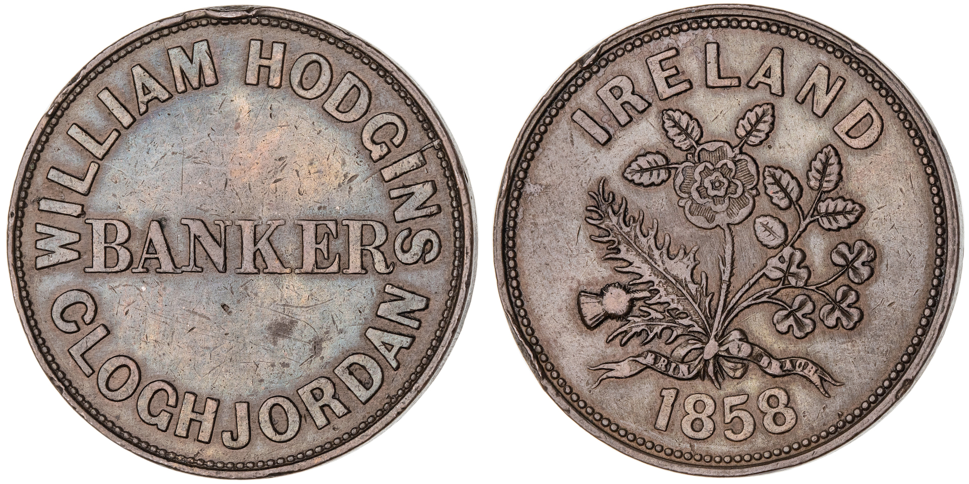 Cloghjordan, Ireland, William Hodgins, Penny, 1858, gVF