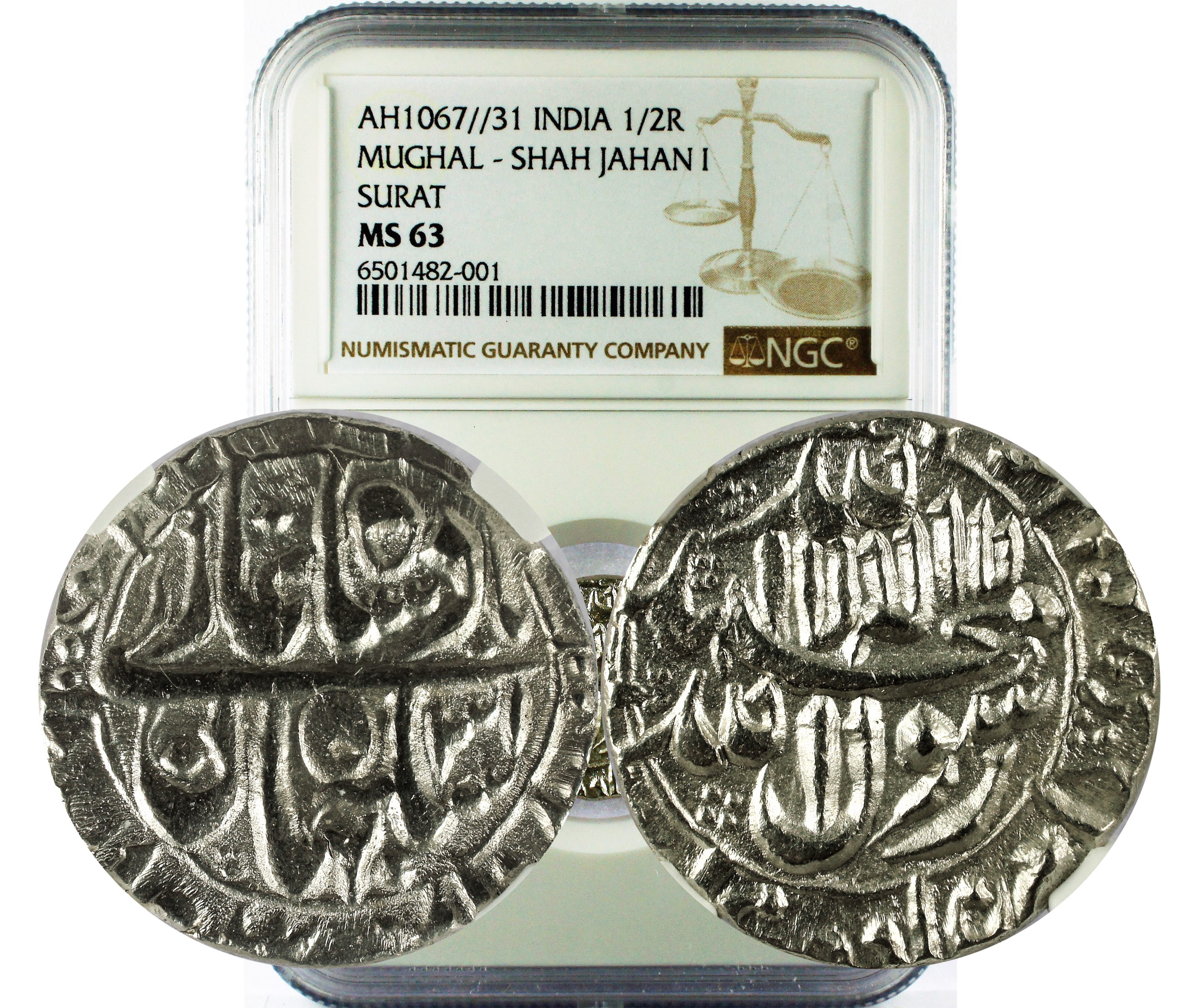 AH1067//31 INDIA MUGHAL - SHAH JAHAN I SURAT 1/2R MS 63