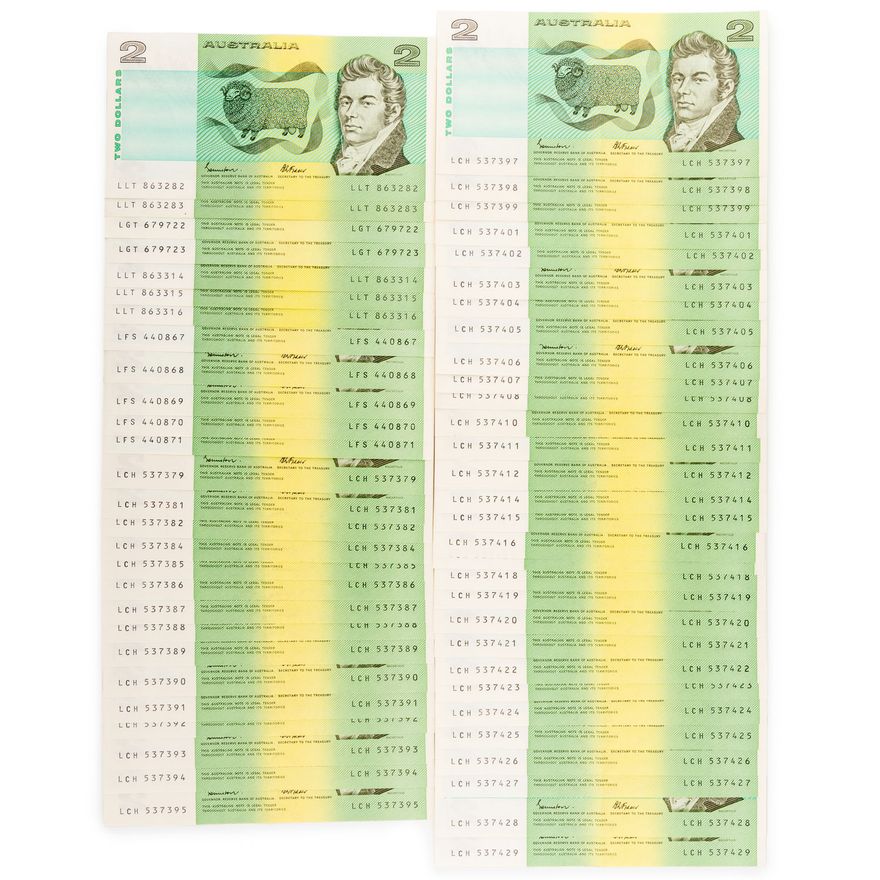 Johnston/Fraser, Consecutive Runs, Two Dollars, 1985,  EF - aUNC