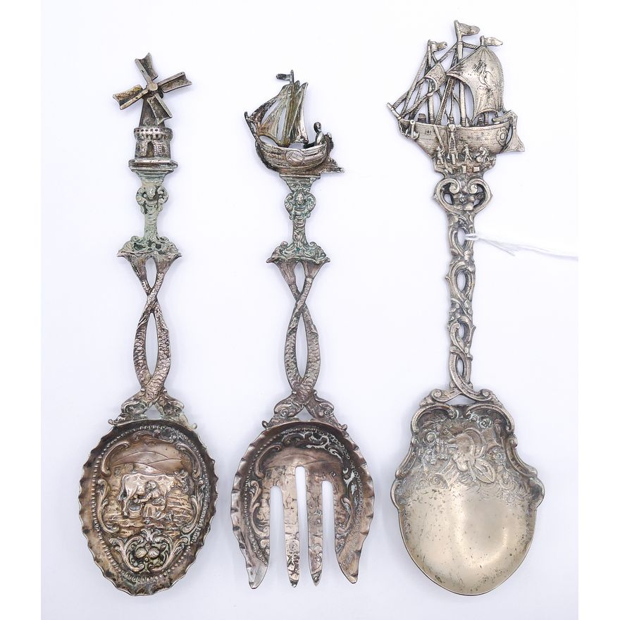 3pc Ornate German Hanau Silver Serving Spoons & Fork 8'' to 9'' - 183 Grams TW