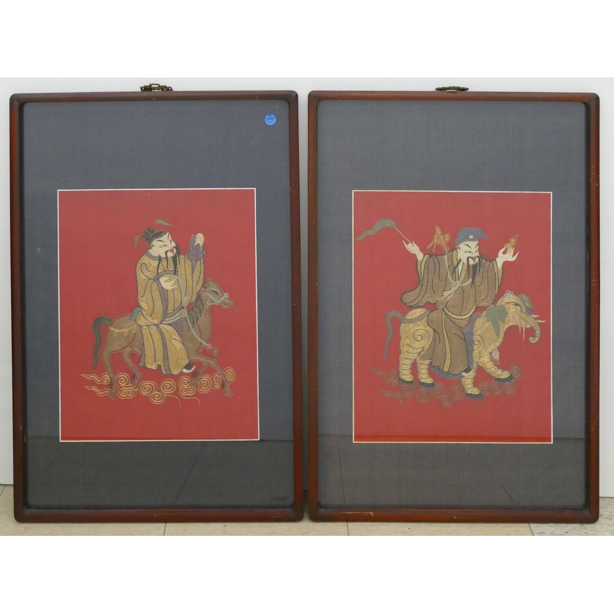 Pair Chinese Gold Thread Deity Embroideries Framed 29''x19''