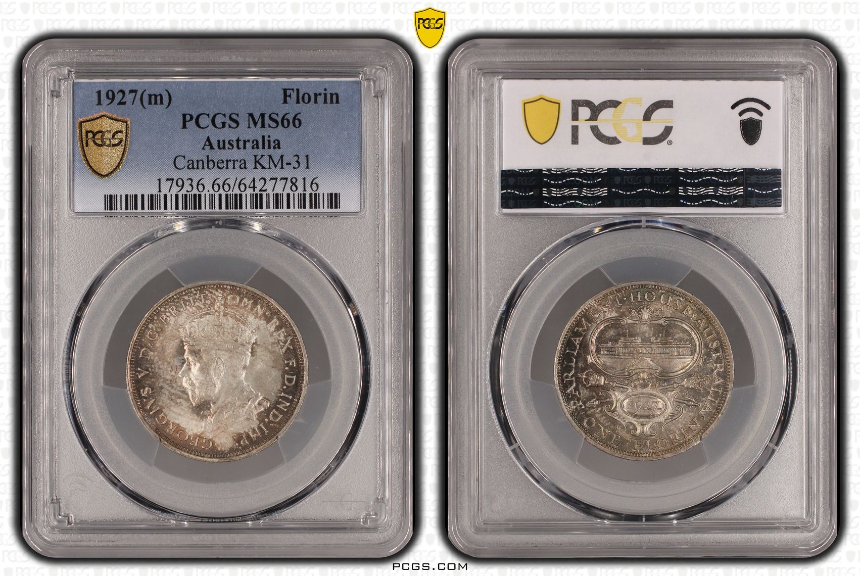 George V, Canberra, Florin, 1927, PCGS MS66