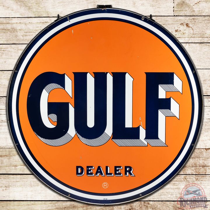 1950 Gulf Gasoline Dealer 66" DS Porcelain Sign w/ Ring