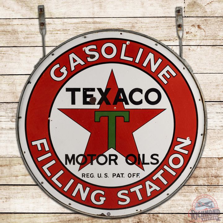 Early Texaco Motor Oils Gasoline Filling Station 42" SS Porcelain Sign w/ Factory Ring