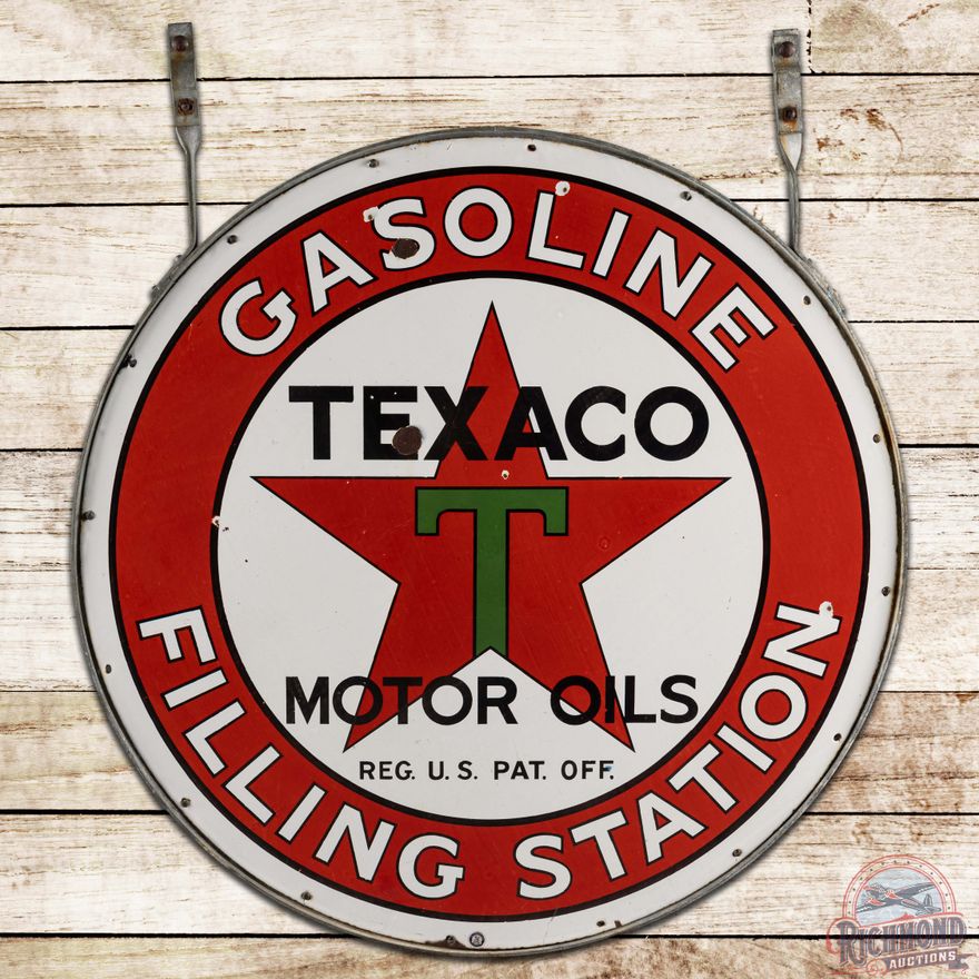 Early Texaco Motor Oils Gasoline Filling Station 42" SS Porcelain Sign w/ Factory Ring