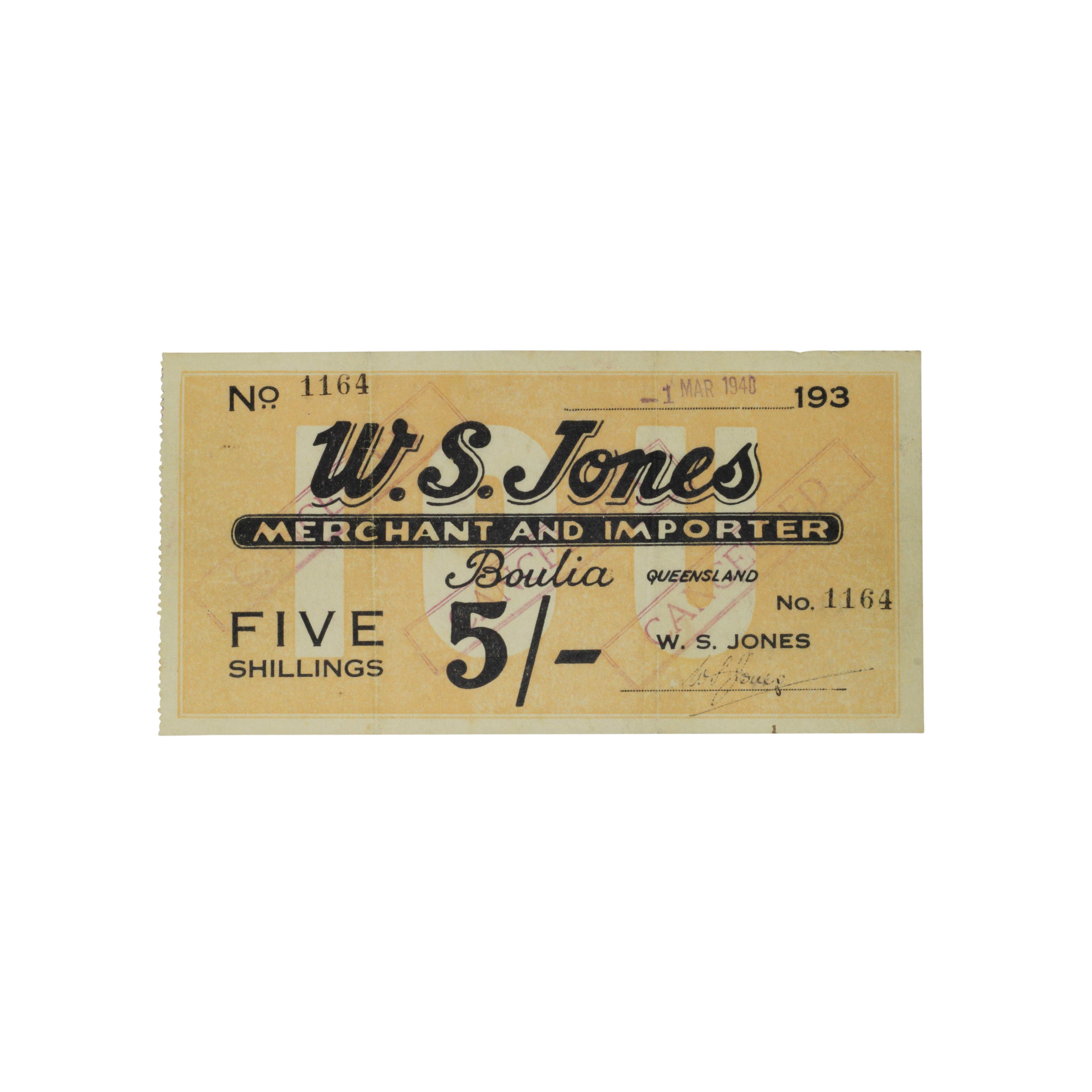 1848. · W.S. Jones Merchant & Importer,  Five Shillings, EF
