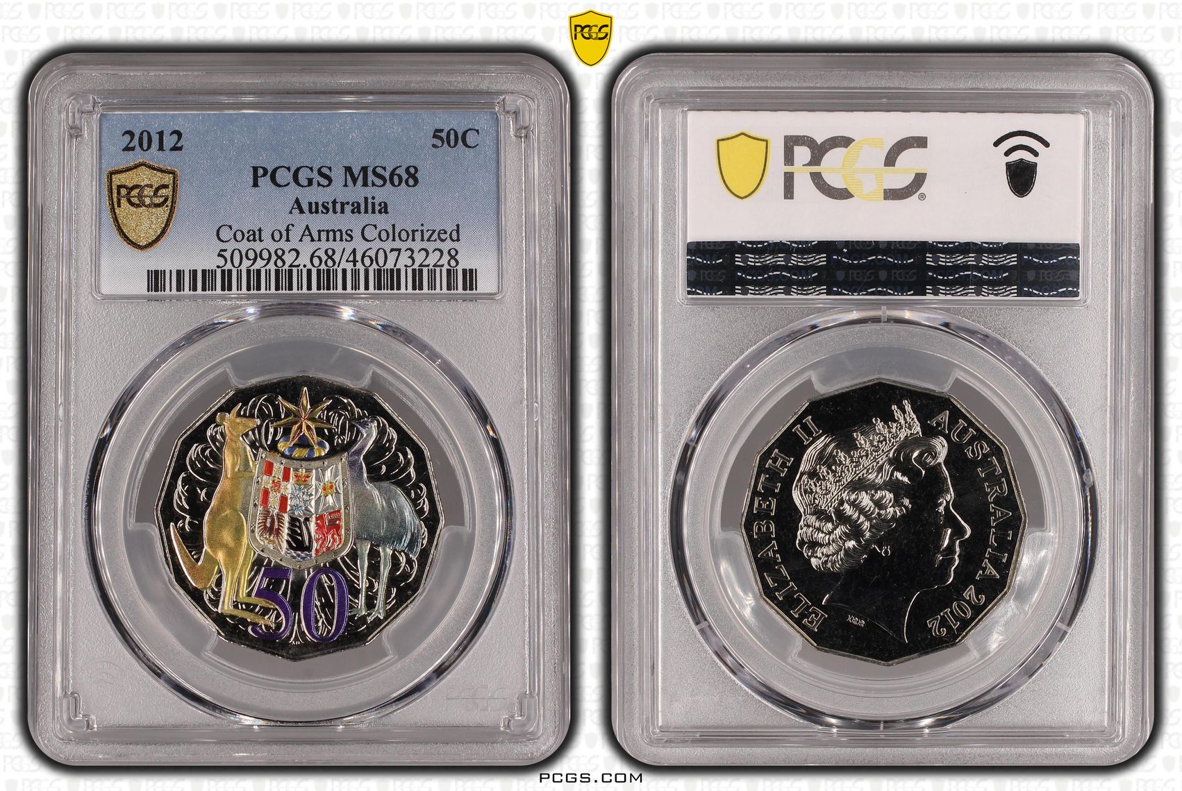 2012 Australia Fifty Cent, 50c Coat of Arms Colorized PCGS - MS68 -228