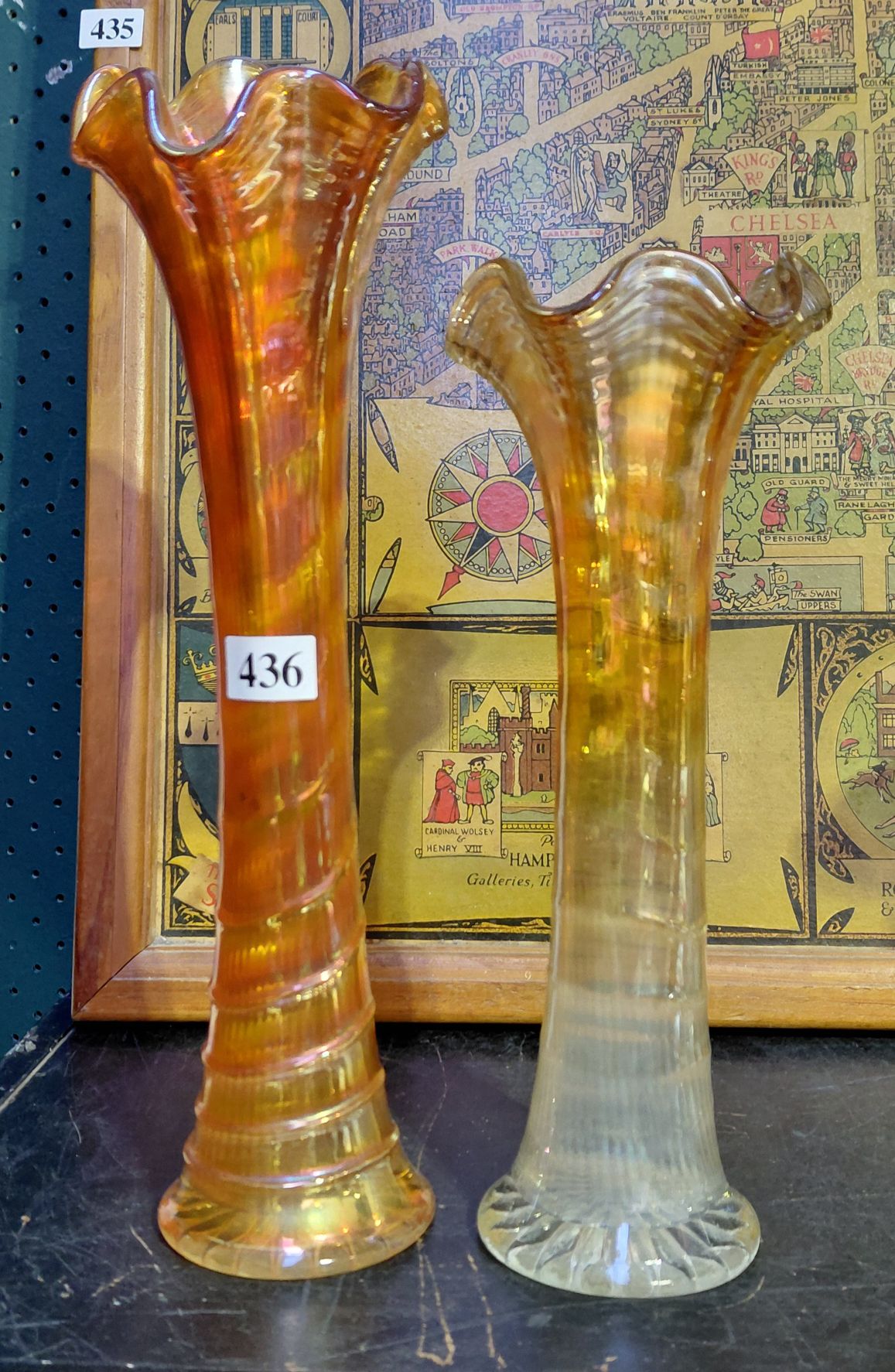Two Marigold Carnival Glass Vases