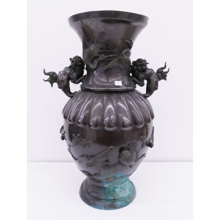 Meiji Japanese Bronze Figural Vase with Foo Lion Handles- AS IS- 18x12''