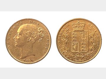 1854 Queen Victoria Young Head London Mint Shield Gold Sovereign.