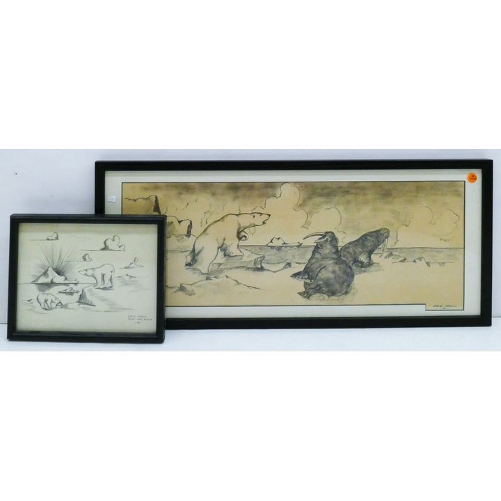 2pc Eddie Omnik Eskimo Ink Drawings Framed 9''x12 and 13''x31.5''