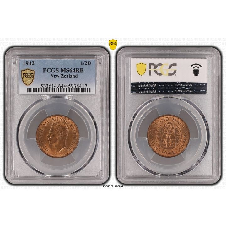 1942 New Zealand Half Penny PCGS - MS64RB -417