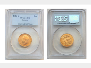 1913 King George V Canada Mint Gold Sovereign. Graded by MS62