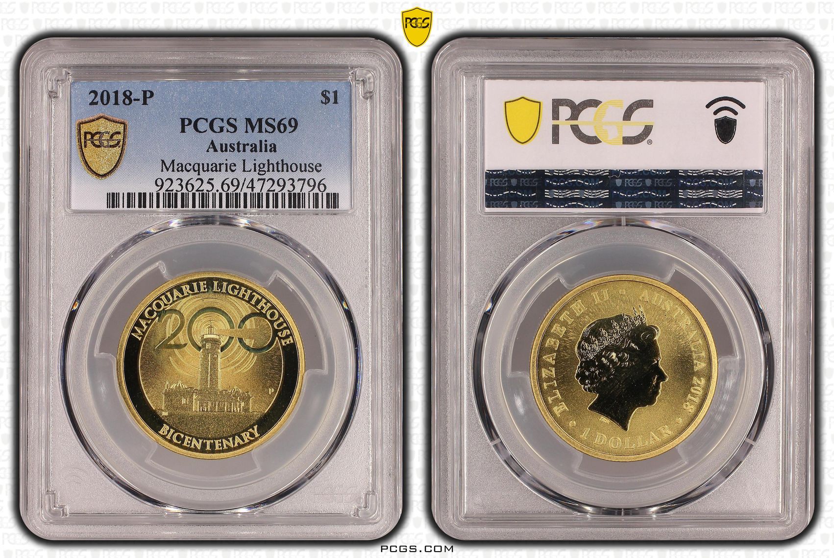 Elizabeth II, Macquarie Lighthouse, Pop 19/0, One Dollar, 2018-P, PCGS MS69