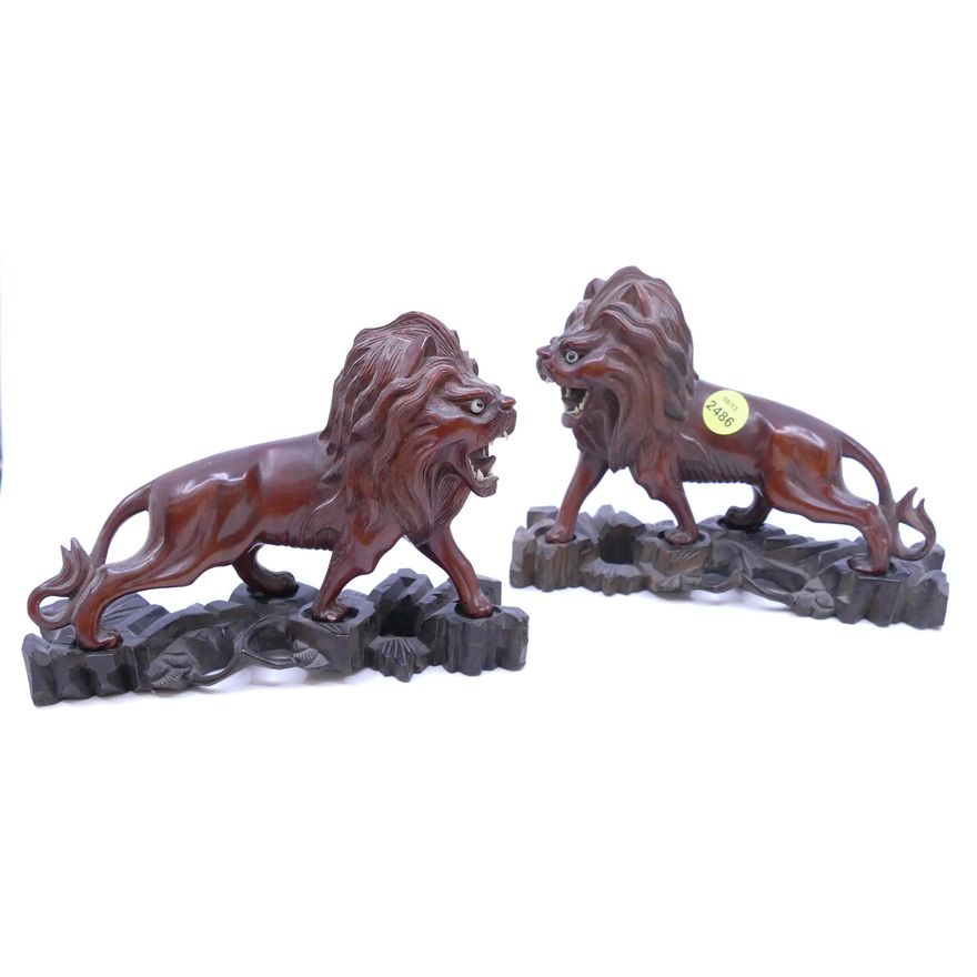 Pair Chinese Carved Rosewood Lion Figures- 5''