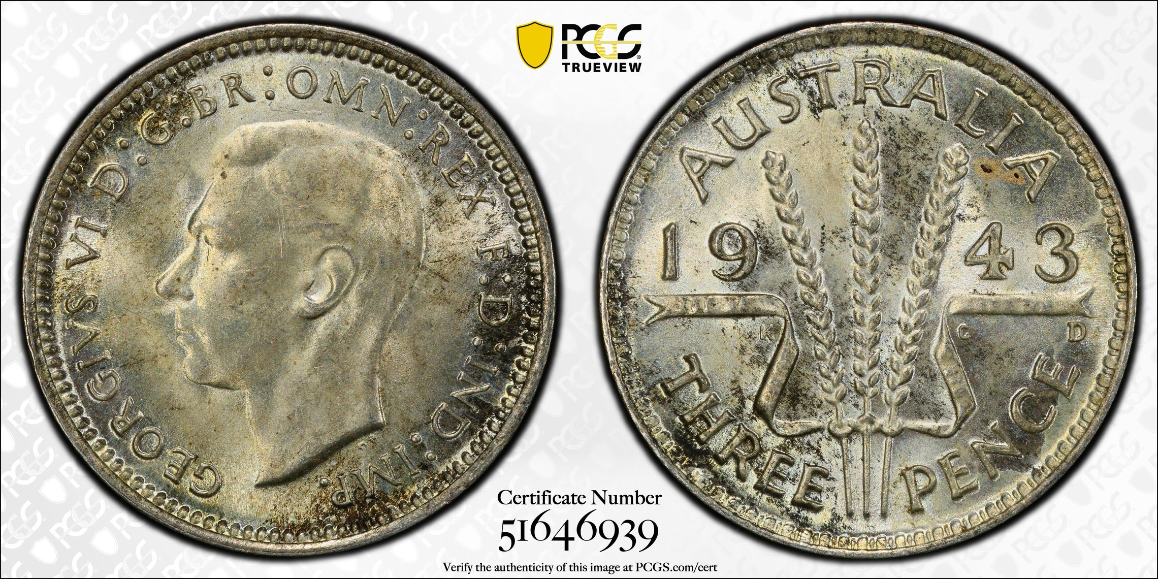 100 · Threepence, 1943-D, PCGS MS65