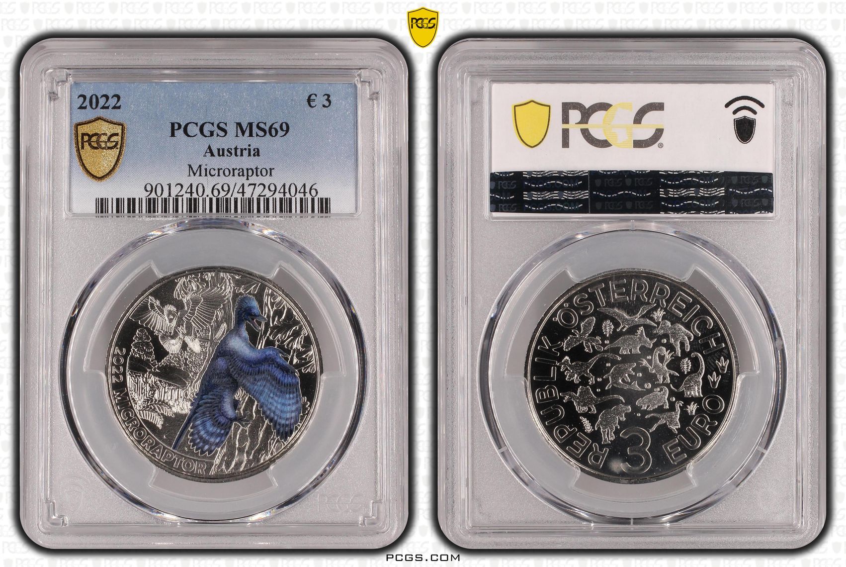 Austria, Microraptor , 3 Euro, 2022, PCGS MS69