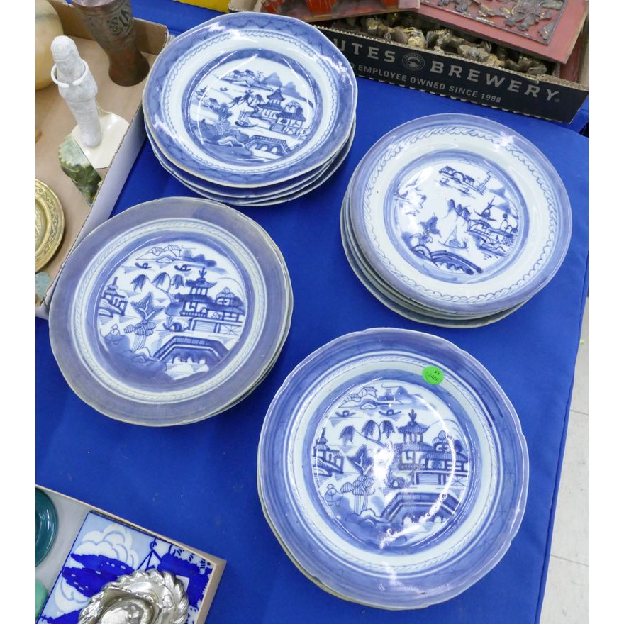 18pc Chinese Qing B&W Porcelain Plates 9'' Approx.