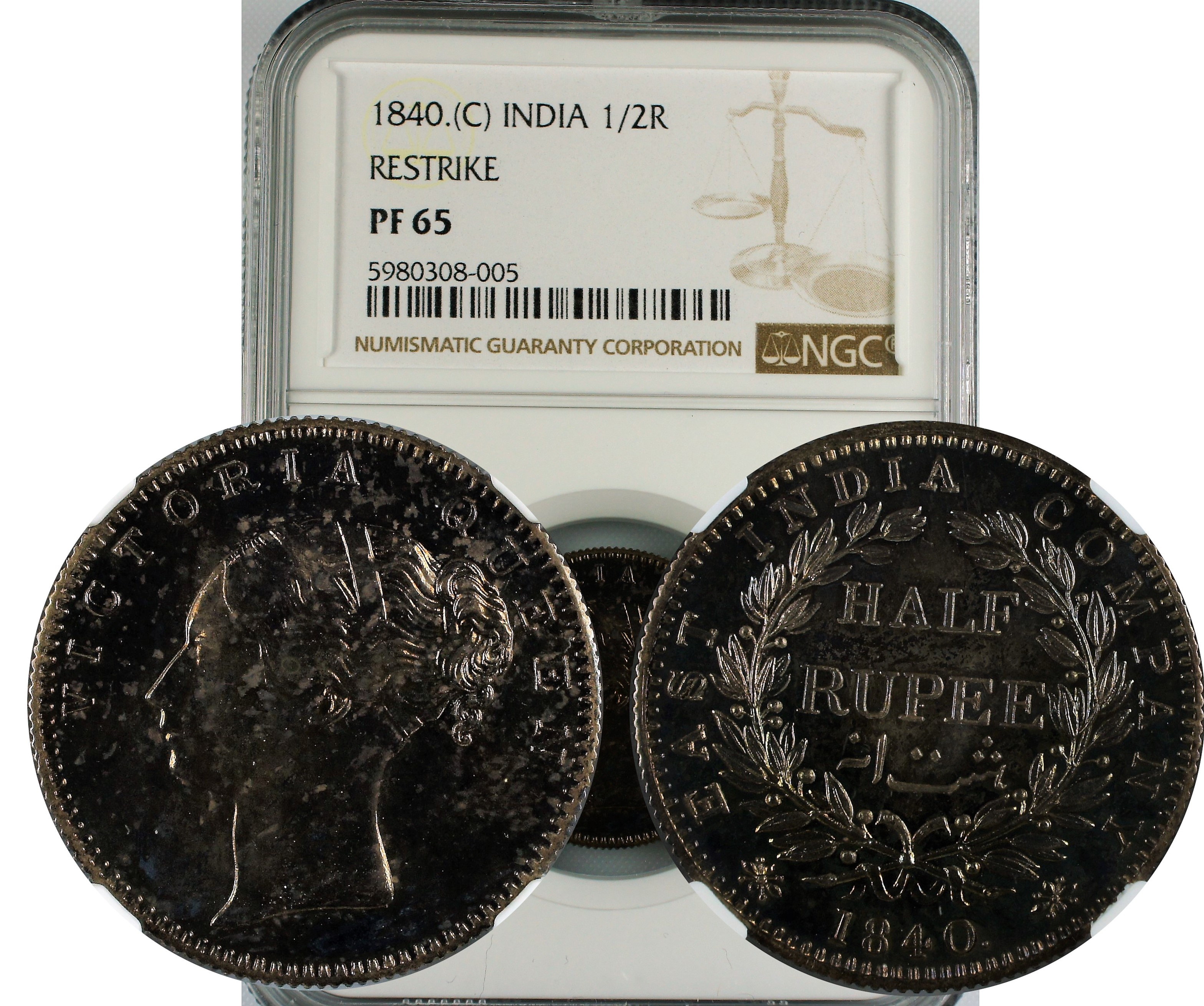 India British 1840 Continuous Legend Restrike 1/2 Rupee NGC PF65 - Rare