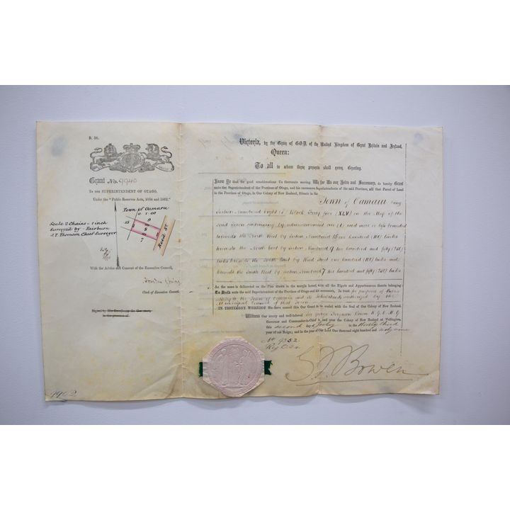 GRANT UNDER THE "PUBLIC RESERVE ACTS" 1854 & 1862 TO THE SUPERINTENDENT OF OTAGO. [2X DOCUMENTS]