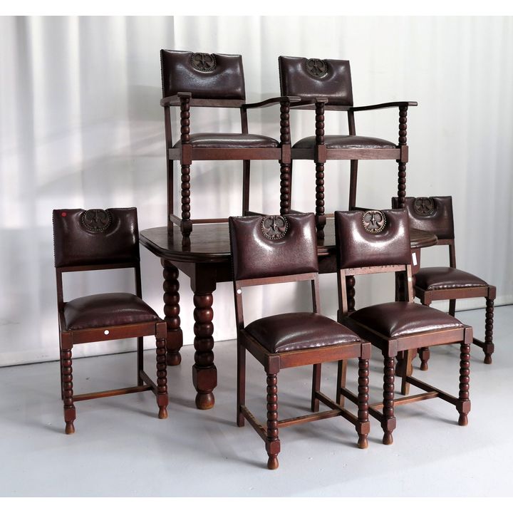 TEAK BOBBIN TWIST DINING TABLE AND SET OF 6 LEATHER UPHOLSTERED DINING CHAIRS