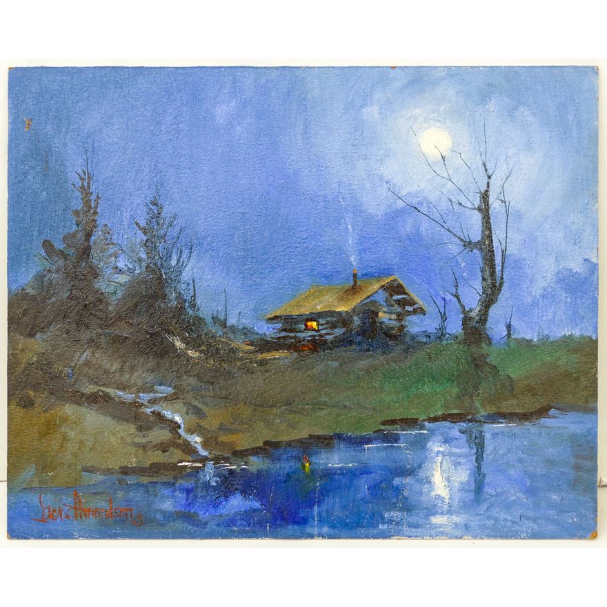 Gene Amondson ''Cabin Under Moonlight'' Oil on Masonite 16''x20''