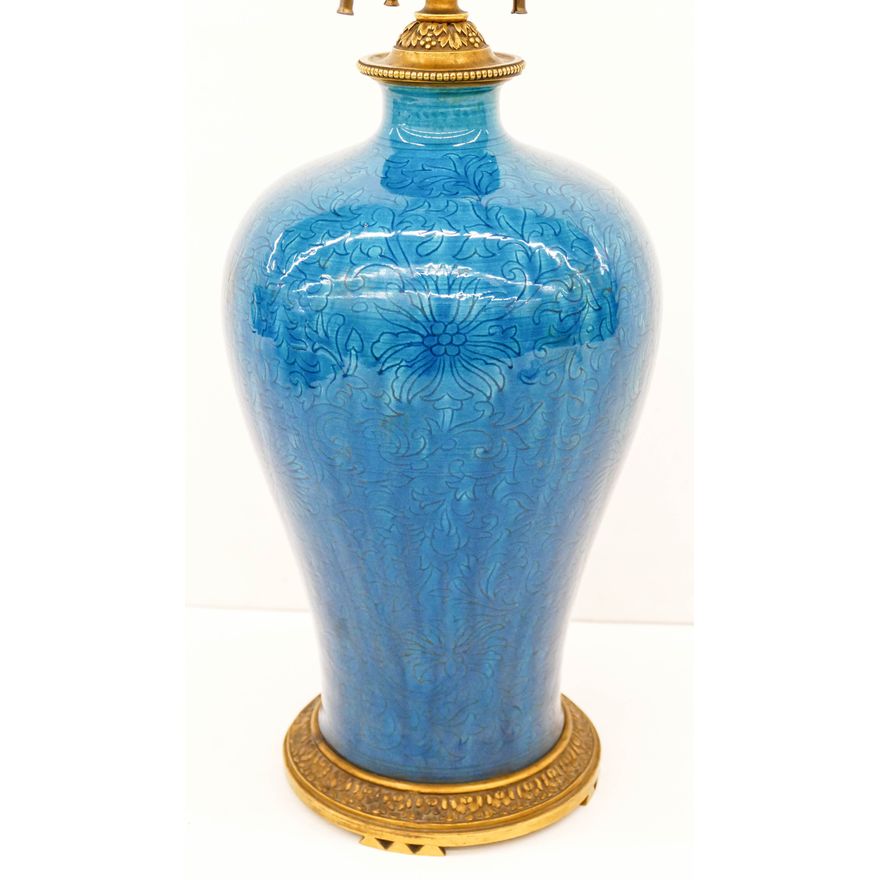 Fine Chinese Peacock Blue Bronze Mounted Table Lamp