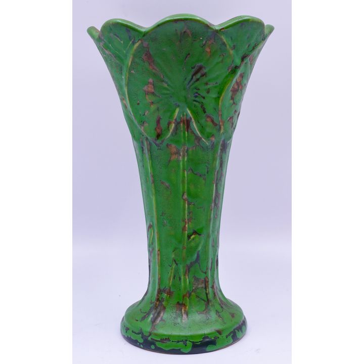 Weller Coppertone Green Pottery Lily Pad Vase- 9.5'' (chip to foot)