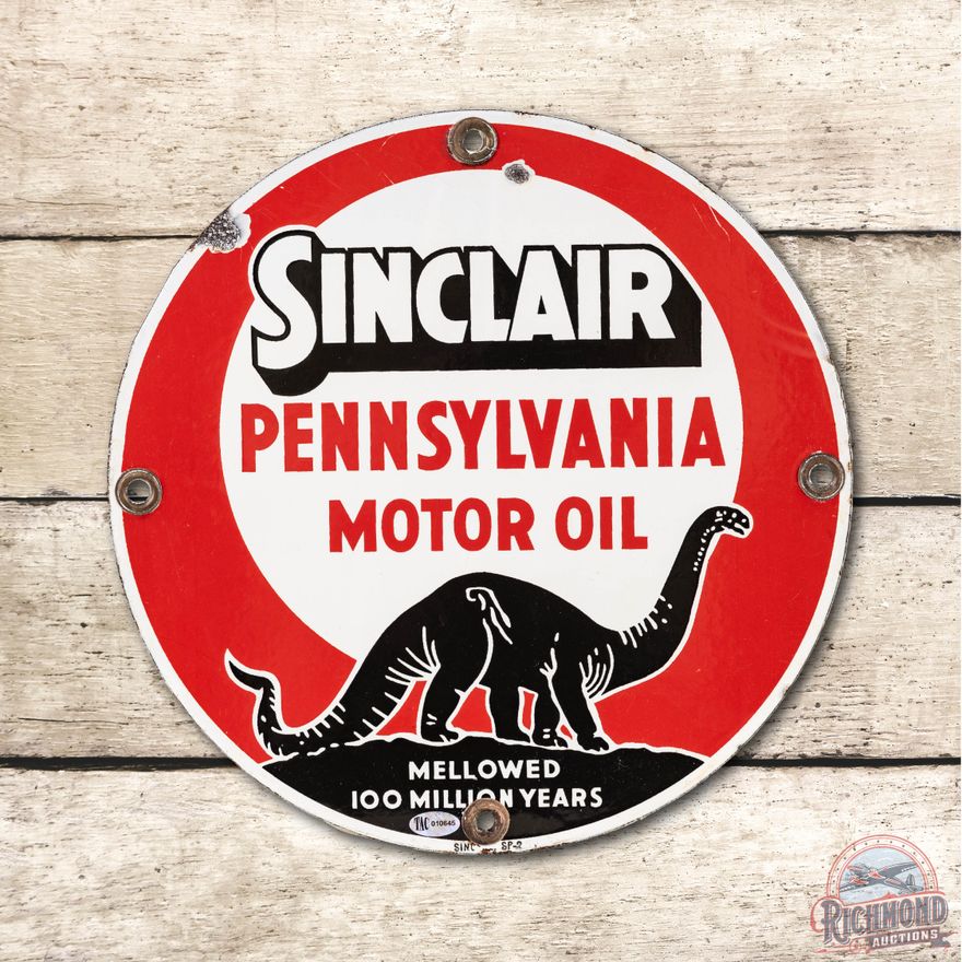 11" Sinclair Pennsylvania Motor Oil Porcelain Sign & Black Dino TAC 8.9