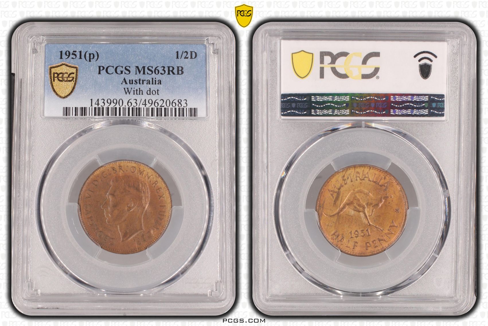 George VI, With dot , Halfpenny, 1951(p), PCGS MS63RB