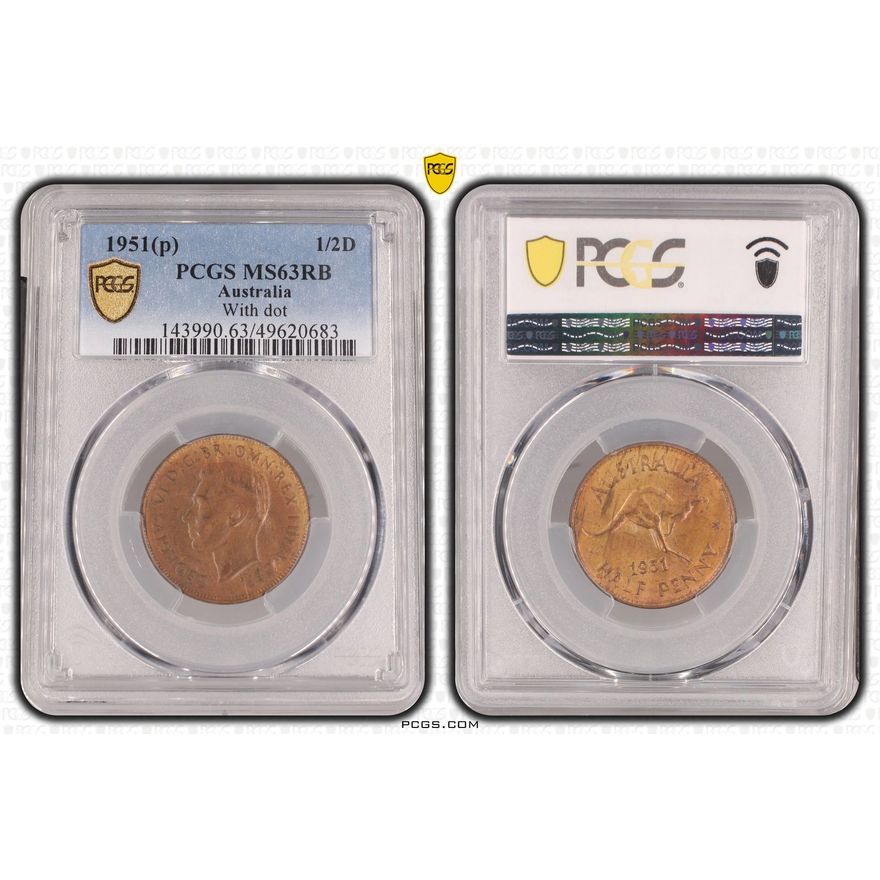 George VI, With dot , Halfpenny, 1951(p), PCGS MS63RB