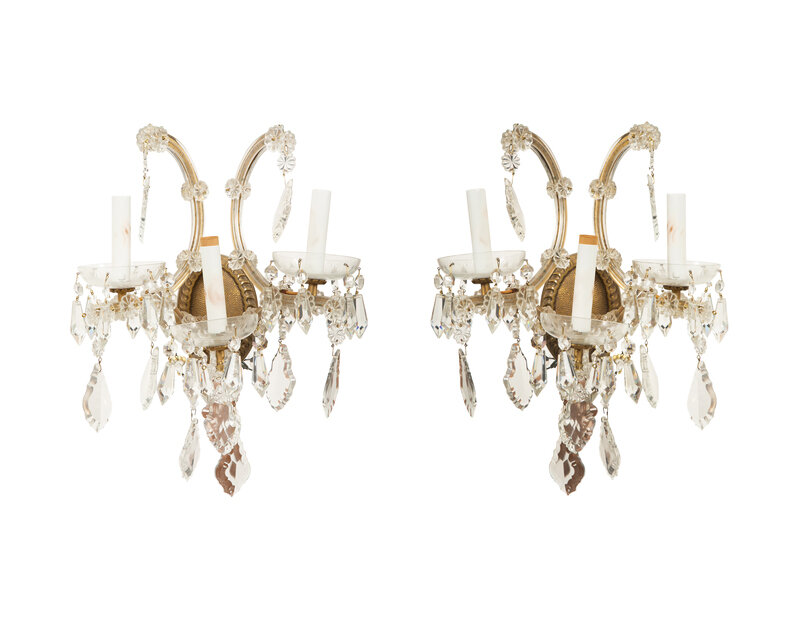 A Pair of Cut Glass and Gilt Metal Three-Light Sconces
