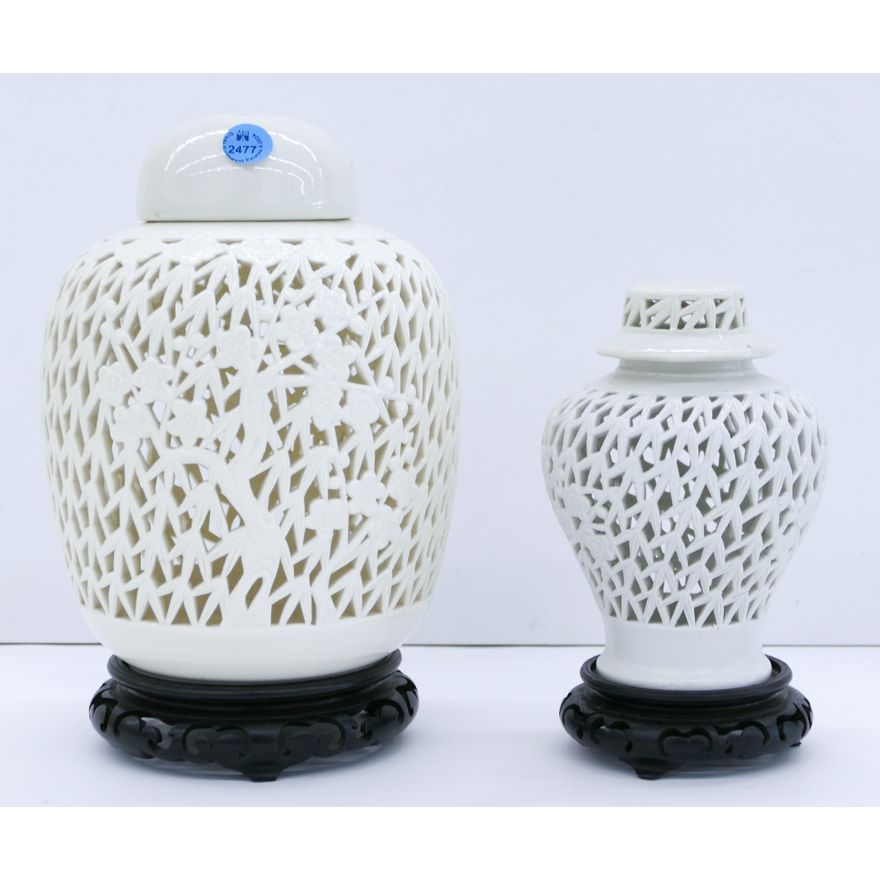 2pc Blanc De Chine Pierced Floral Vases w/ Stands - Largest 9''