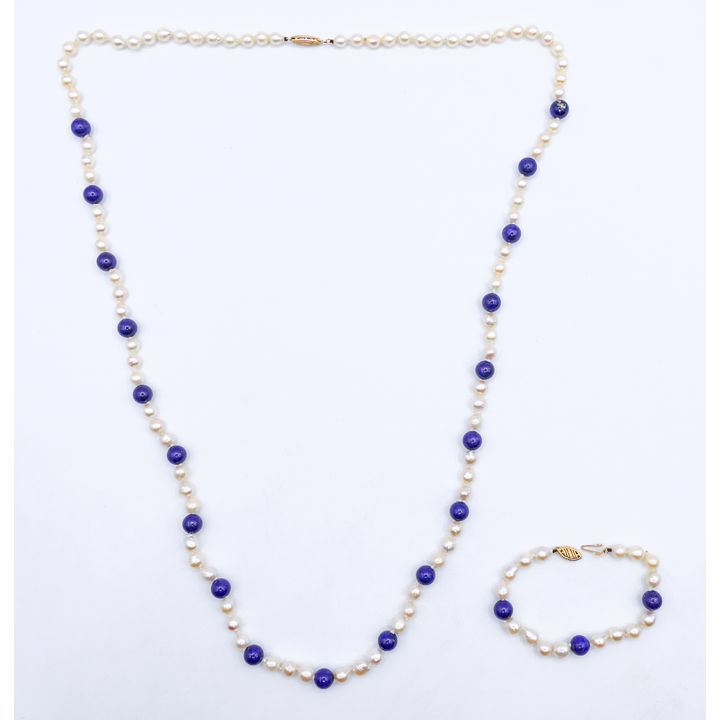 Box 14k Pearl and Lapis 6-8mm Bead Necklace & Bracelet Set - 30'' and 6''