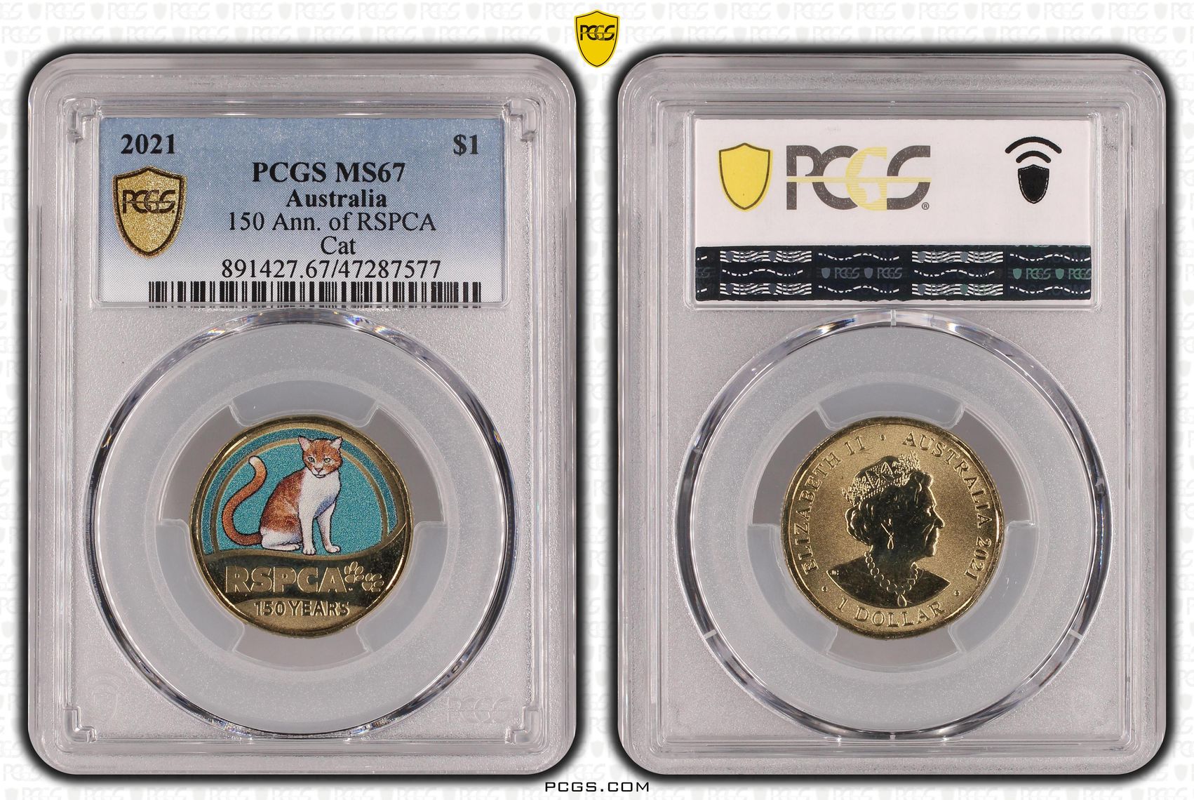 403 · Elizabeth II, 150 Ann. of RSPCA Cat, One Dollar, 2021, PCGS MS67