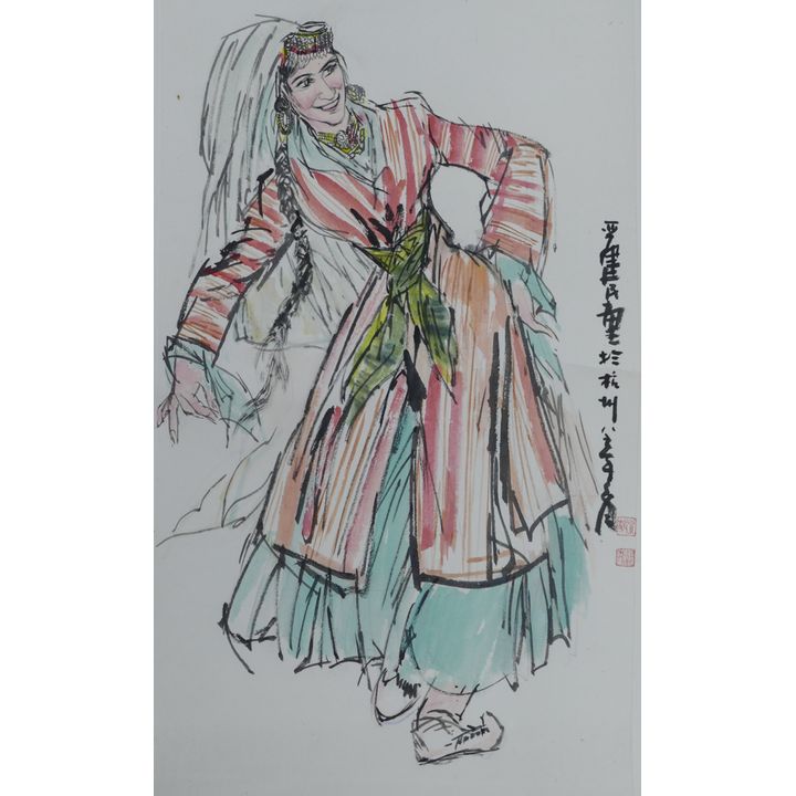 Jianmin Yan (Chinese) Dancer Modernist Scroll Painting 26.5''x13'' Image