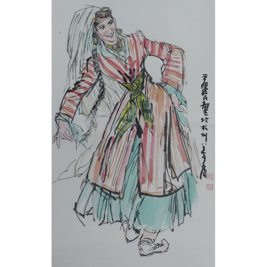 Jianmin Yan (Chinese) Dancer Modernist Scroll Painting 26.5''x13'' Image