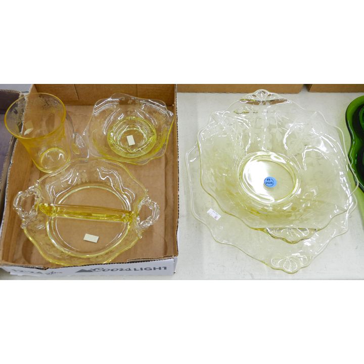 6pc Yellow Floral Etched Glass Serving Bowl etc.