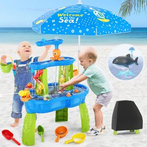 HYES WATER TABLE FOR TODDLERS 3-5 WITH UMBRELLA/WATER PUMB, 3-TIER KIDS SAND TABLE, RAIN SHOWERS SPLASH POND FOR BEACH