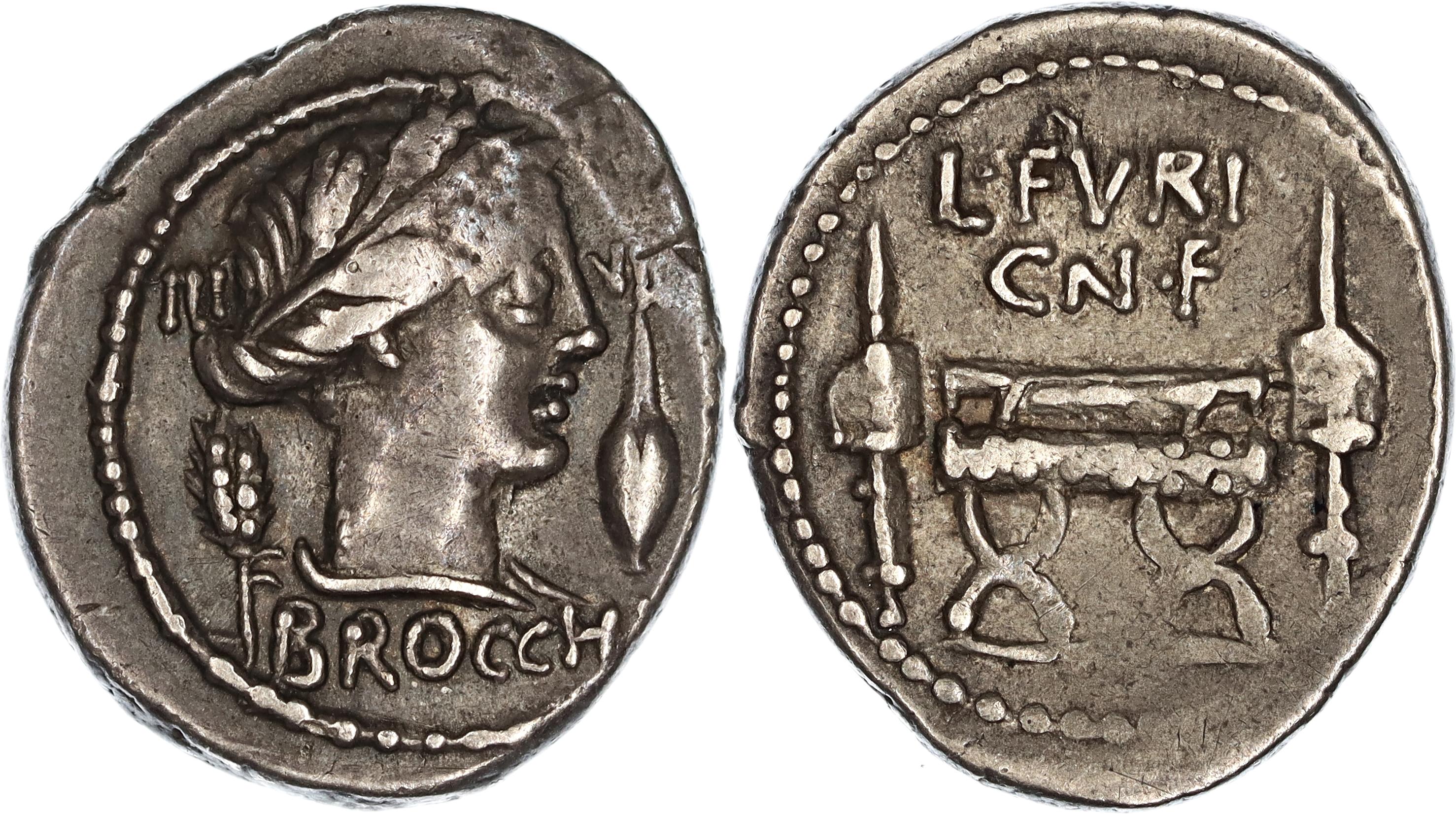 Roman Republic, L. Furius Cn.f. Brocchus, Silver Denarius, 63 BC, nVF